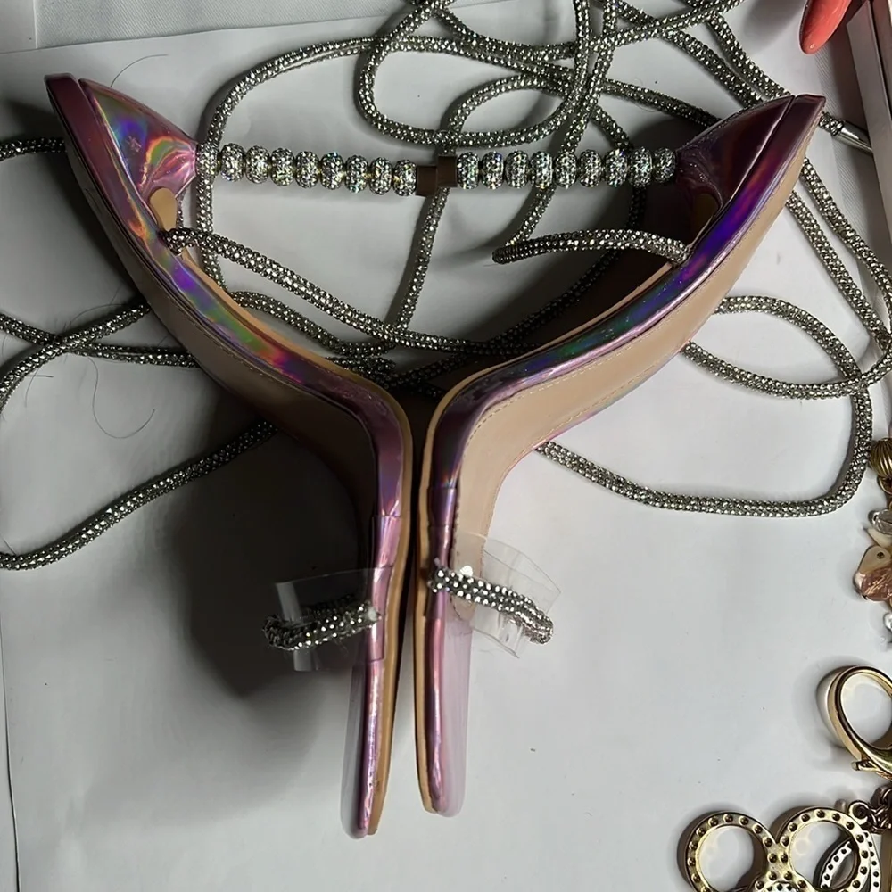 Wrap Around Sz 7.5 Soft Crystal Embossed Wraparound Pink Purple Metallic Heels